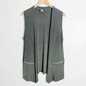 Chico's Olive Green Open Front Vest with Zipper Pockets